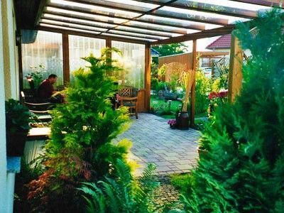 Überdachte Terrasse mit Gartenblick, Sitzbereich und grünen Pflanzen im Sommer.